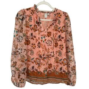 Joie Coral Floral Chiffon Long Sleeved Blouse Sz Small